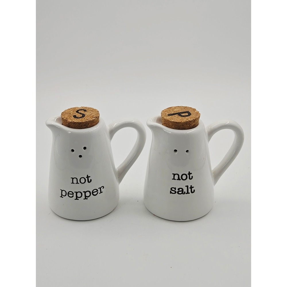 Mud Pie Not Salt Not Pepper Shaker Set White Ceramic Pitcher Cork Stoppers